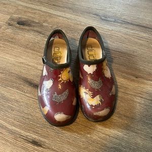 Garden shoes, red with chickens on them, size 8, I put hey dude inserts in them.